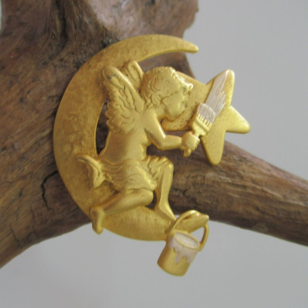 Vintage Gold Angel On Moon Painting Star Pin Brooch Signed J.J. Jonette